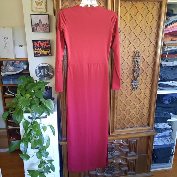 ZARA Basic Women's Long Sleeve Sheath Maxi Dress w Slit - Burgundy Red, Size XS - Picture 11 of 16